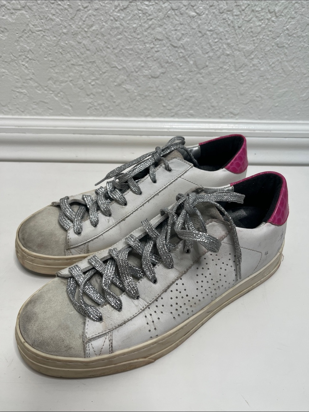 P448 John Womens EU 38 US 8 White Leather Sneakers Pink Croc Heel Suede Toe